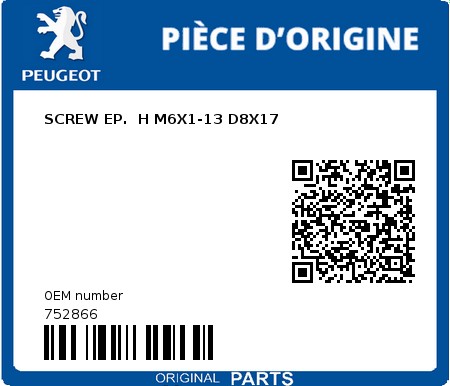 Product image: Peugeot - 752866 - SCREW EP.  H M6X1-13 D8X17  0