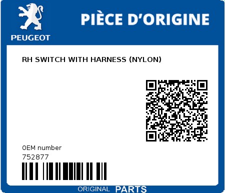 Product image: Peugeot - 752877 - RH SWITCH WITH HARNESS (NYLON)  0