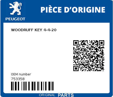 Product image: Peugeot - 753358 - WOODRUFF KEY 4-4-20  0