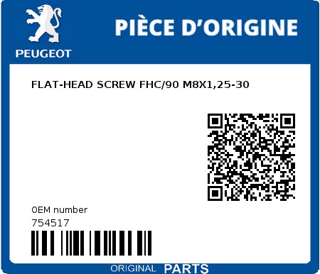 Product image: Peugeot - 754517 - FLAT-HEAD SCREW FHC/90 M8X1,25-30  0