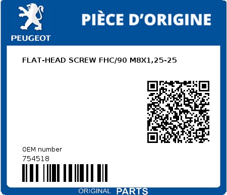 Product image: Peugeot - 754518 - FLAT-HEAD SCREW FHC/90 M8X1,25-25  0