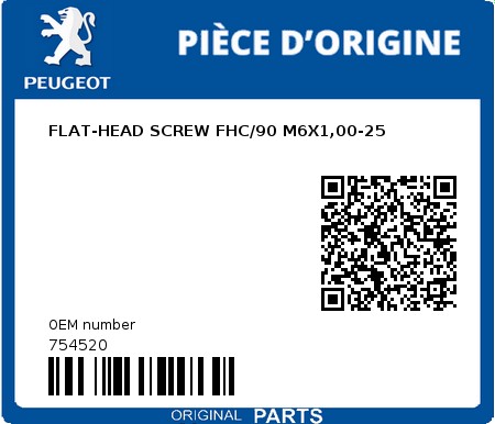 Product image: Peugeot - 754520 - FLAT-HEAD SCREW FHC/90 M6X1,00-25  0