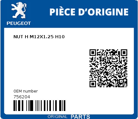 Product image: Peugeot - 756204 - NUT H M12X1.25 H10  0