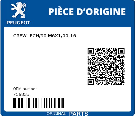Product image: Peugeot - 756835 - CREW  FCH/90 M6X1,00-16  0