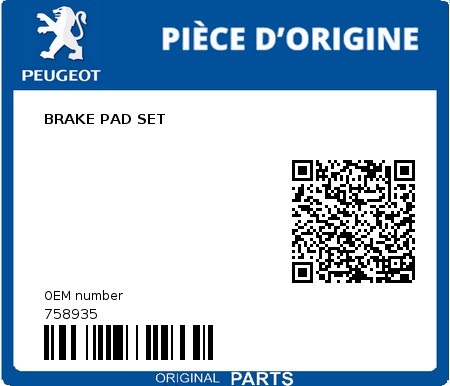 Product image: Peugeot - 758935 - BRAKE PAD SET  0