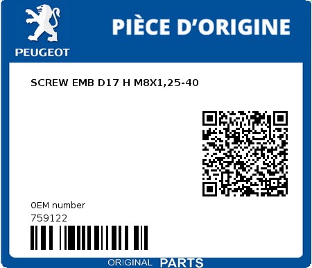 Product image: Peugeot - 759122 - SCREW EMB D17 H M8X1,25-40  0