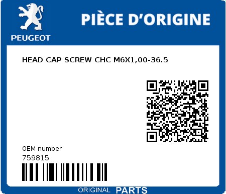 Product image: Peugeot - 759815 - HEAD CAP SCREW CHC M6X1,00-36.5  0
