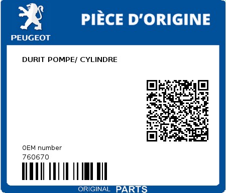 Product image: Peugeot - 760670 - DURIT POMPE/ CYLINDRE  0