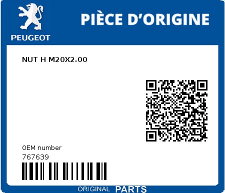 Product image: Peugeot - 767639 - NUT H M20X2.00  0