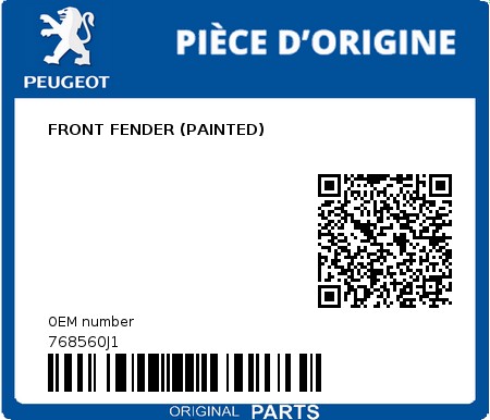 Product image: Peugeot - 768560J1 - FRONT FENDER (PAINTED)  0