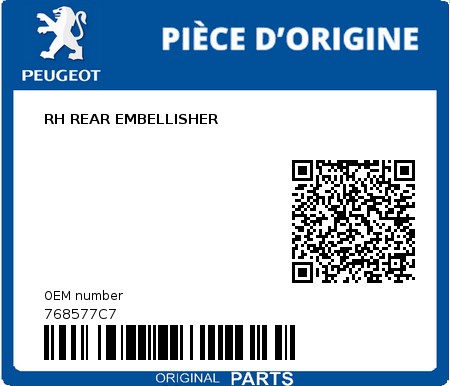Product image: Peugeot - 768577C7 - RH REAR EMBELLISHER  0