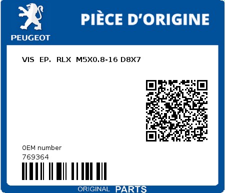 Product image: Peugeot - 769364 - VIS  EP.  RLX  M5X0.8-16 D8X7  0