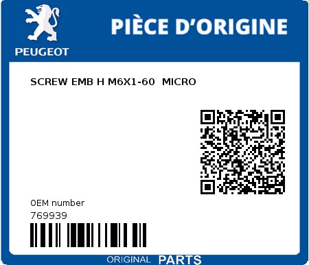 Product image: Peugeot - 769939 - SCREW EMB H M6X1-60  MICRO  0