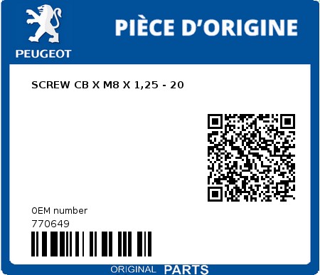 Product image: Peugeot - 770649 - SCREW CB X M8 X 1,25 - 20  0