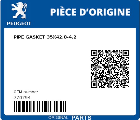 Product image: Peugeot - 770794 - PIPE GASKET 35X42.8-4.2  0