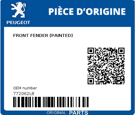 Product image: Peugeot - 772062L8 - FRONT FENDER (PAINTED)  0