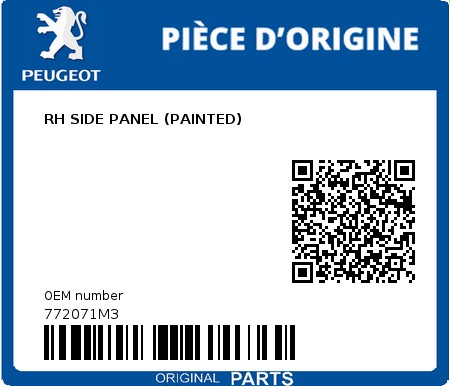 Product image: Peugeot - 772071M3 - RH SIDE PANEL (PAINTED)  0