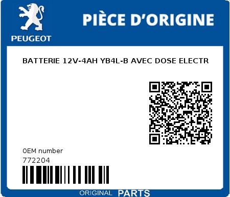Product image: Peugeot - 772204 - BATTERIE 12V-4AH YB4L-B AVEC DOSE ELECTR  0