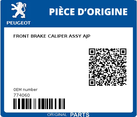 Product image: Peugeot - 774060 - FRONT BRAKE CALIPER ASSY AJP  0