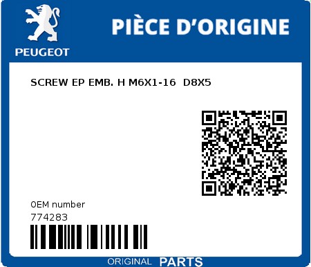 Product image: Peugeot - 774283 - SCREW EP EMB. H M6X1-16  D8X5  0