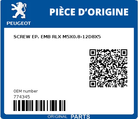 Product image: Peugeot - 774345 - SCREW EP. EMB RLX M5X0.8-12D8X5  0
