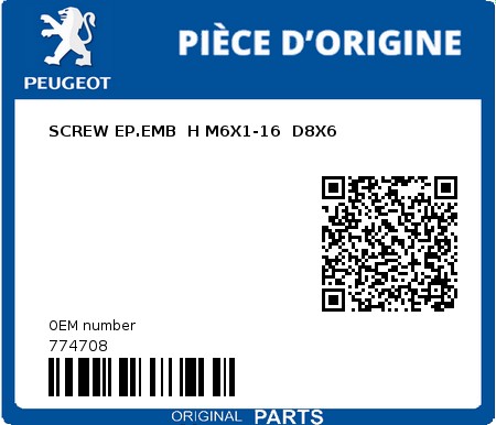 Product image: Peugeot - 774708 - SCREW EP.EMB  H M6X1-16  D8X6  0