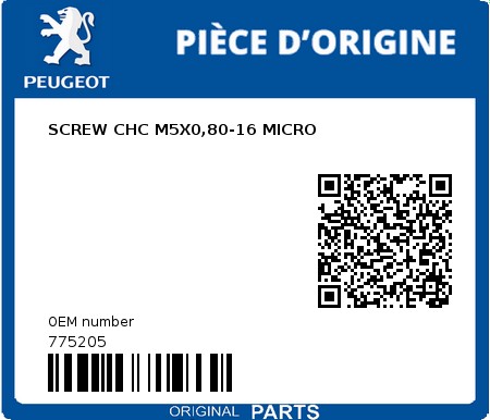 Product image: Peugeot - 775205 - SCREW CHC M5X0,80-16 MICRO  0