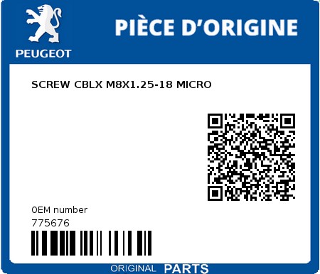 Product image: Peugeot - 775676 - SCREW CBLX M8X1.25-18 MICRO  0