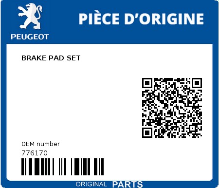 Product image: Peugeot - 776170 - BRAKE PAD SET  0