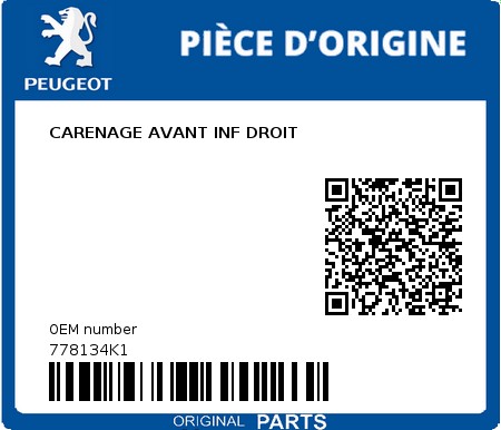 Product image: Peugeot - 778134K1 - CARENAGE AVANT INF DROIT  0