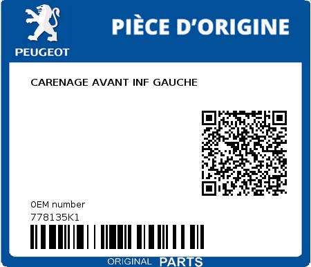 Product image: Peugeot - 778135K1 - CARENAGE AVANT INF GAUCHE  0