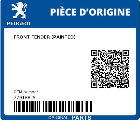 Product image: Peugeot - 779168L6 - FRONT FENDER (PAINTED)  0
