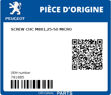 Product image: Peugeot - 781885 - SCREW CHC M8X1,25-50 MICRO  0