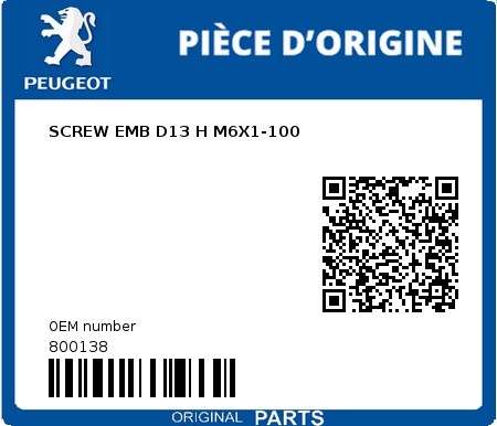 Product image: Peugeot - 800138 - SCREW EMB D13 H M6X1-100  0