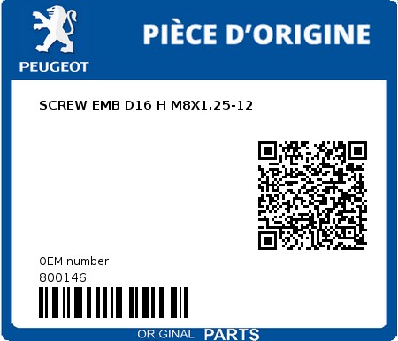 Product image: Peugeot - 800146 - SCREW EMB D16 H M8X1.25-12  0