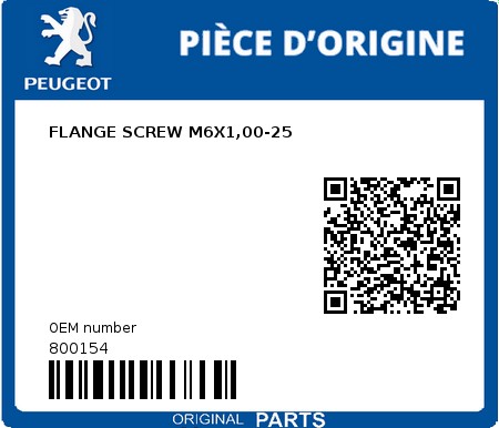 Product image: Peugeot - 800154 - FLANGE SCREW M6X1,00-25  0