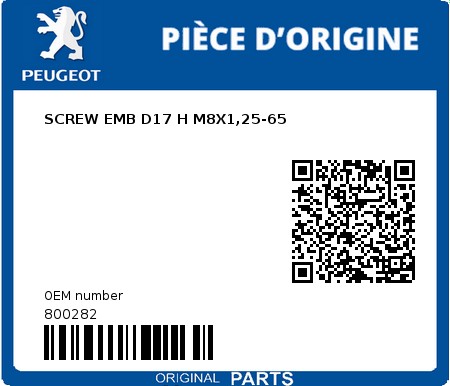 Product image: Peugeot - 800282 - SCREW EMB D17 H M8X1,25-65  0