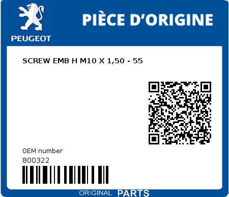 Product image: Peugeot - 800322 - SCREW EMB H M10 X 1,50 - 55  0