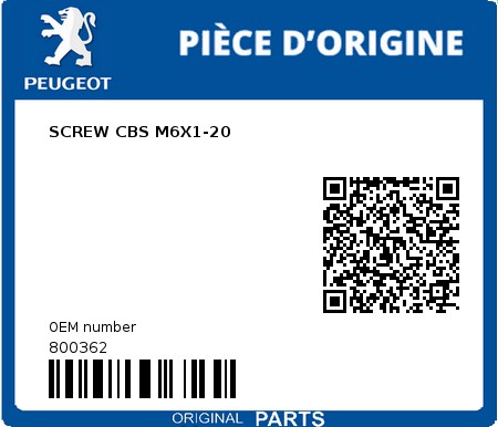 Product image: Peugeot - 800362 - SCREW CBS M6X1-20  0