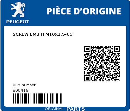 Product image: Peugeot - 800416 - SCREW EMB H M10X1.5-65  0