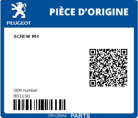 Product image: Peugeot - 801190 - SCREW M4  0