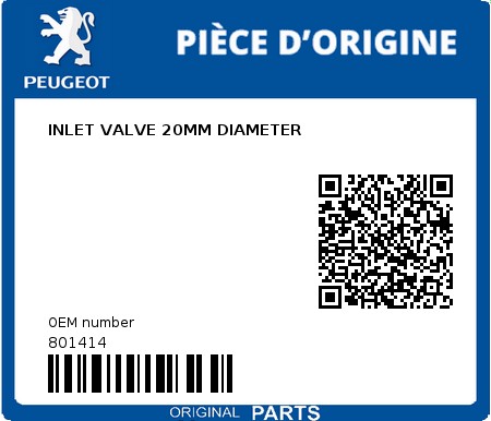 Product image: Peugeot - 801414 - INLET VALVE 20MM DIAMETER  0