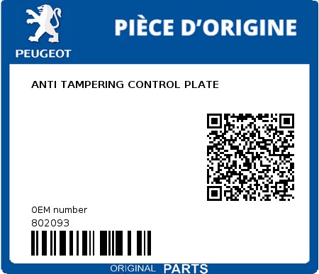 Product image: Peugeot - 802093 - ANTI TAMPERING CONTROL PLATE  0