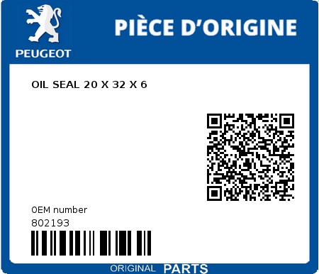 Product image: Peugeot - 802193 - OIL SEAL 20 X 32 X 6  0