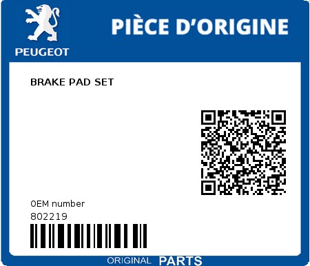 Product image: Peugeot - 802219 - BRAKE PAD SET  0