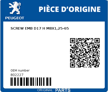 Product image: Peugeot - 802227 - SCREW EMB D17 H M8X1,25-65  0
