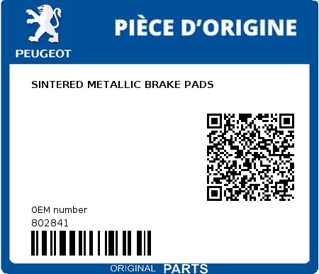 Product image: Peugeot - 802841 - SINTERED METALLIC BRAKE PADS  0