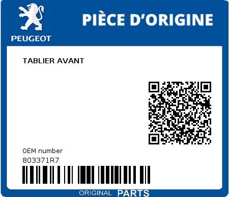 Product image: Peugeot - 803371R7 - TABLIER AVANT  0