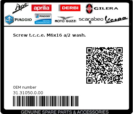 Product image: Beta - 31.31050.0.00 - Screw t.c.c.e. M6x16 a/2 wash.  0