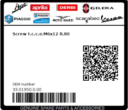 Product image: Beta - 33.01950.0.00 - Screw t.c.c.e.M6x12 R.80  0